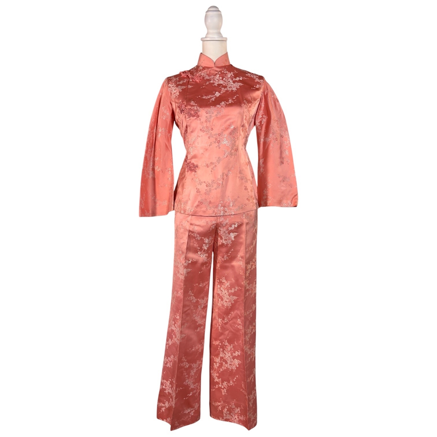 Vintage 1970s Bespoke Silk Brocade Pant Suit Women's S/M Custom Hostess Set Glam